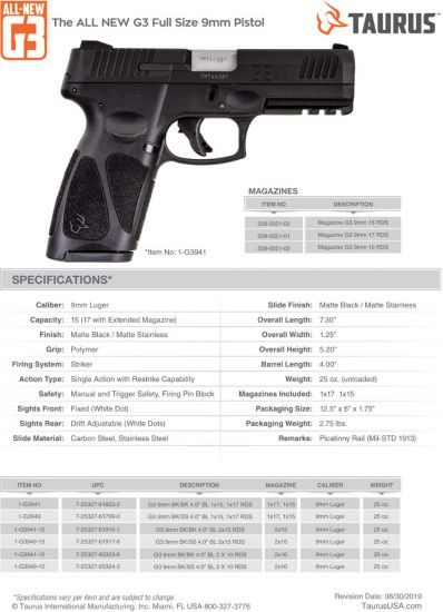 Taurus G3 9mm 4″ Barrel 15+1 Black 1-G3941-15