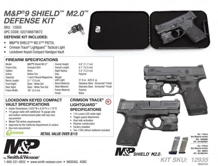 S&W Shield 2.0 Defense Kit 9mm 3.1″ Barrel 7+1 12935