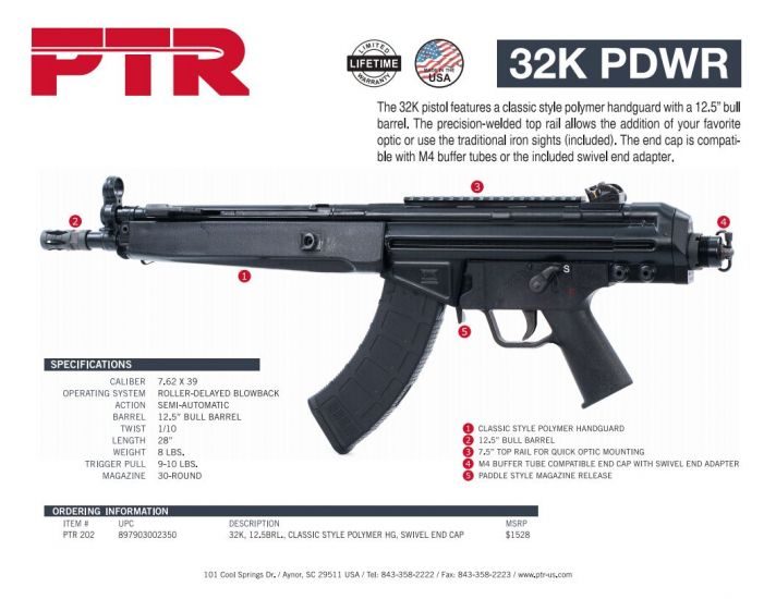 PTR 32K PDWR 7.62×39 12.5″ 30+1 PTR202