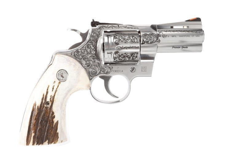 COLT FIREARMS PYTHON ENGRAVED STAINLESS .357 MAG 3″ BARREL 6-ROUNDS W/ ELK STAG GRIPS