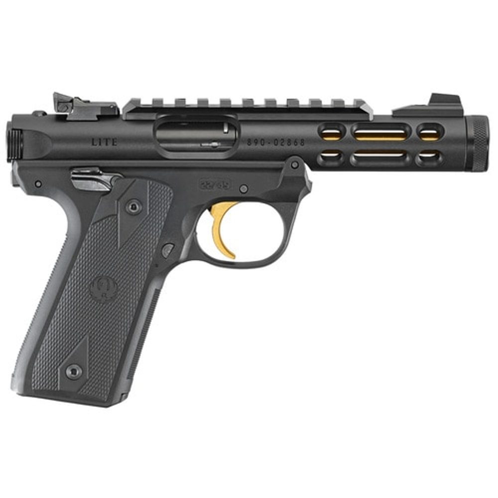 Ruger Mark IV Lite 22/45 22LR, 4.4″ Gold Finished Threaded Barrel, Polymer Frame, Black, Checkered Grips, 10Rd Mag Ruger