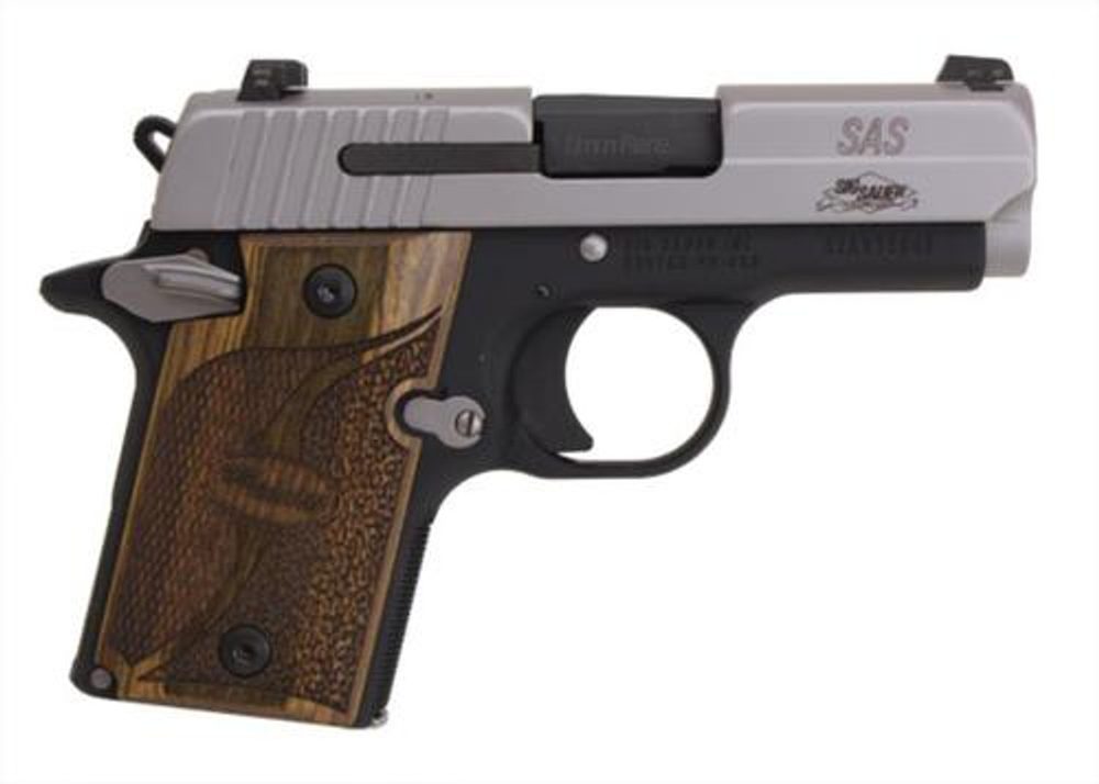 Sig P938 9mm 3″ SAS 2-Tone SAO Siglite Walnut Grip (1) 6rd Steel MAG Ambi Safety Dehorned Sig Sauer