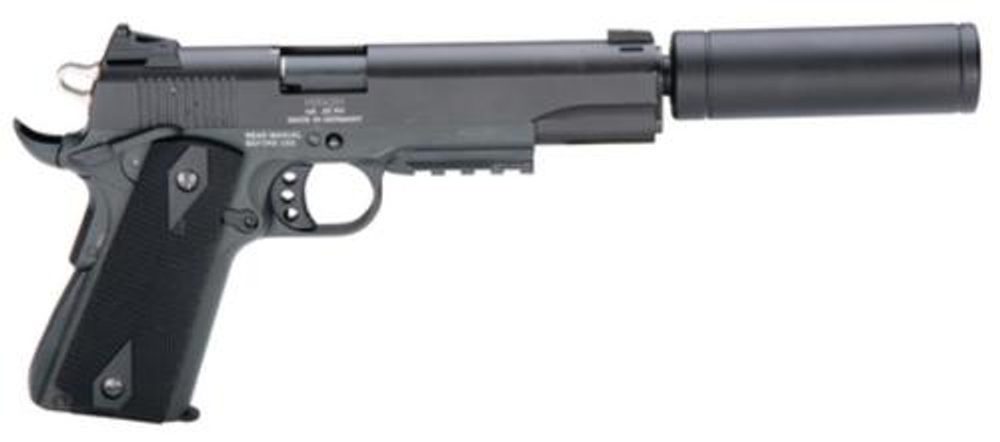 American Tactical, 1911, 22 LR, 5″ Barrel, Blued, Polymer Grips, 10Rd, Threaded, Faux Suppressor ATI American Tactical Imports
