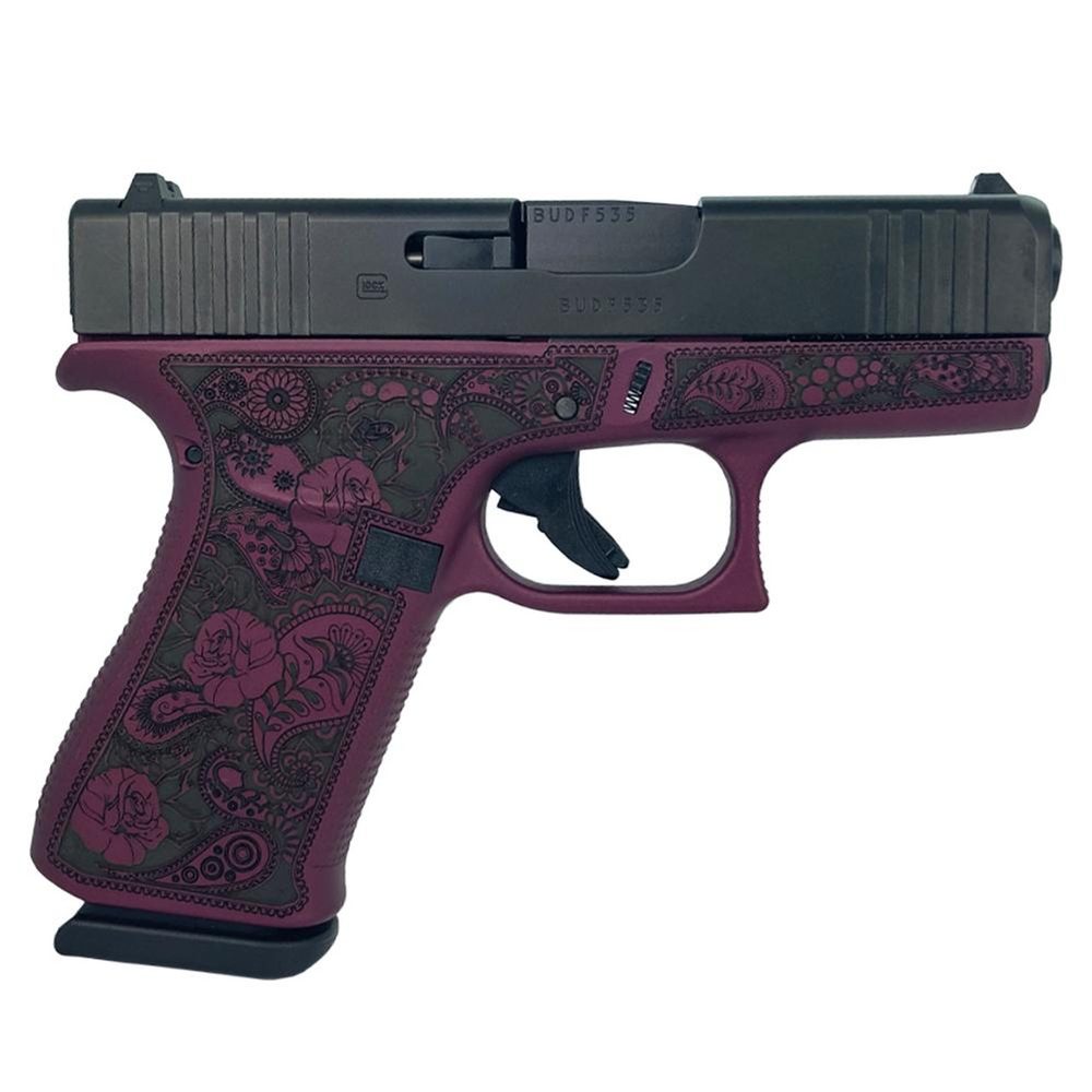 Glock G43x Custom 9mm, 3.41″ Barrel, “Black Cherry Paisley Frame”, 10rd Glock