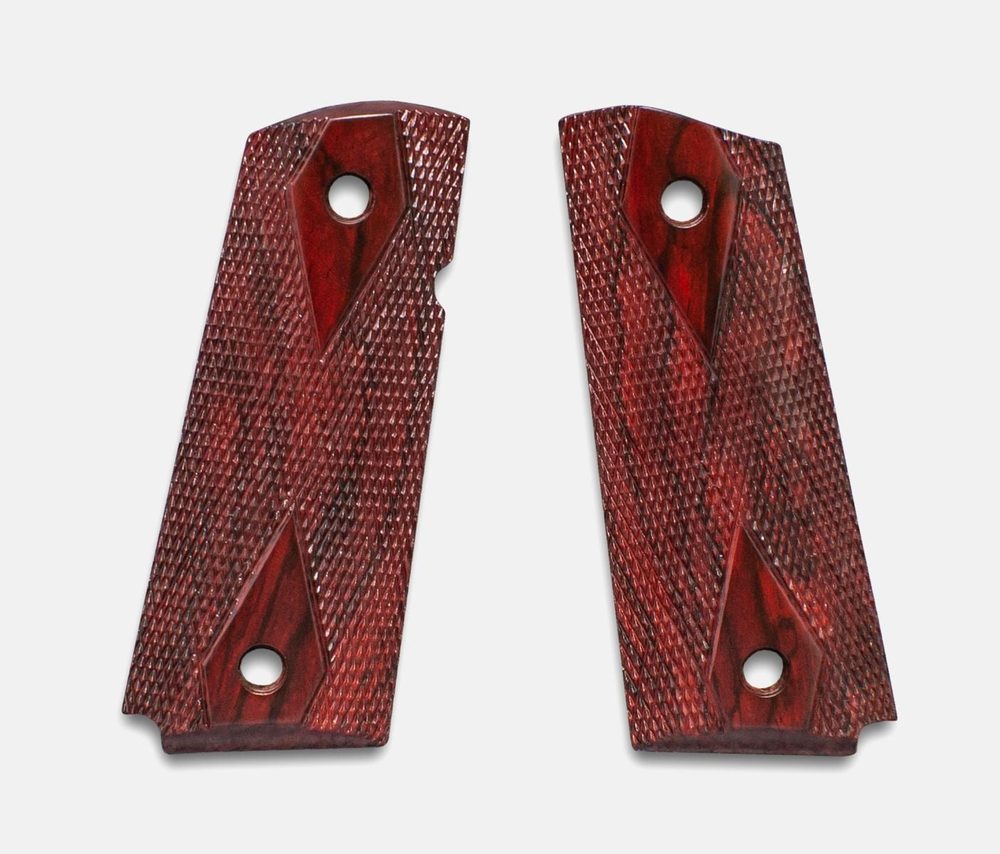Fusion Firearms 1911 Officer Grips, Red Cocobolo, Double Diamond Checkered, Beveled Bottom