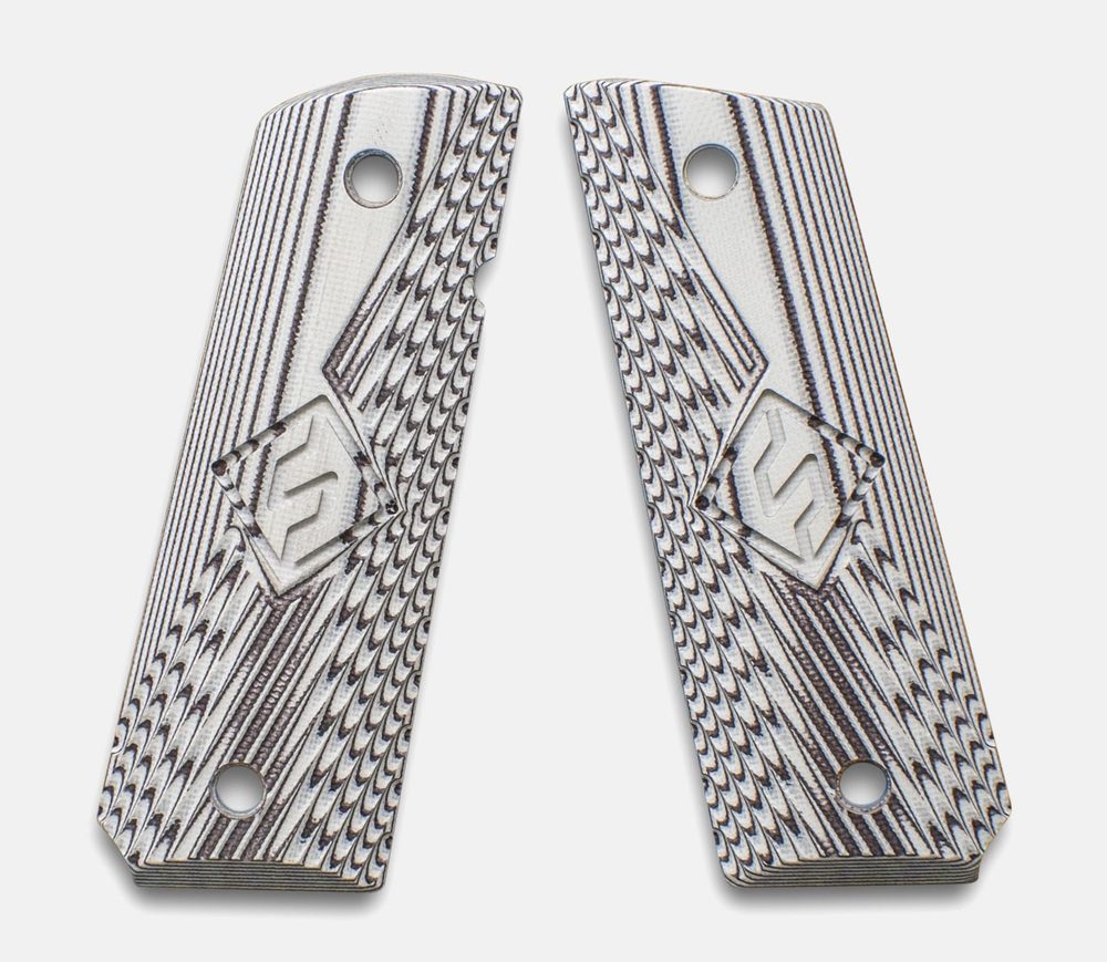 1911 Full Size Grips, G-10 White / Black, Ranger Cut with Fusion Logo, Beveled Bottom